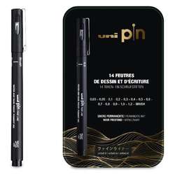 Estuche metálico con 14 rotuladores Uni Pin