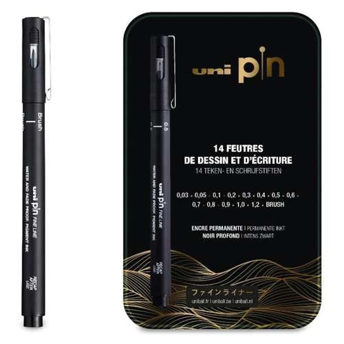 Estuche metálico con 14 rotuladores Uni Pin 