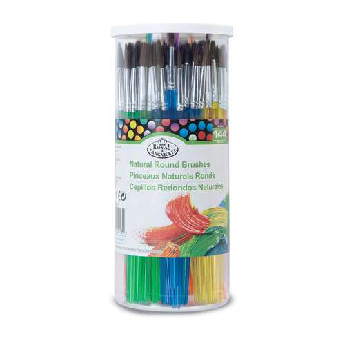 Caja cilíndrica con 144 pinceles escolares redondos de pelo natural Royal Langnickel 